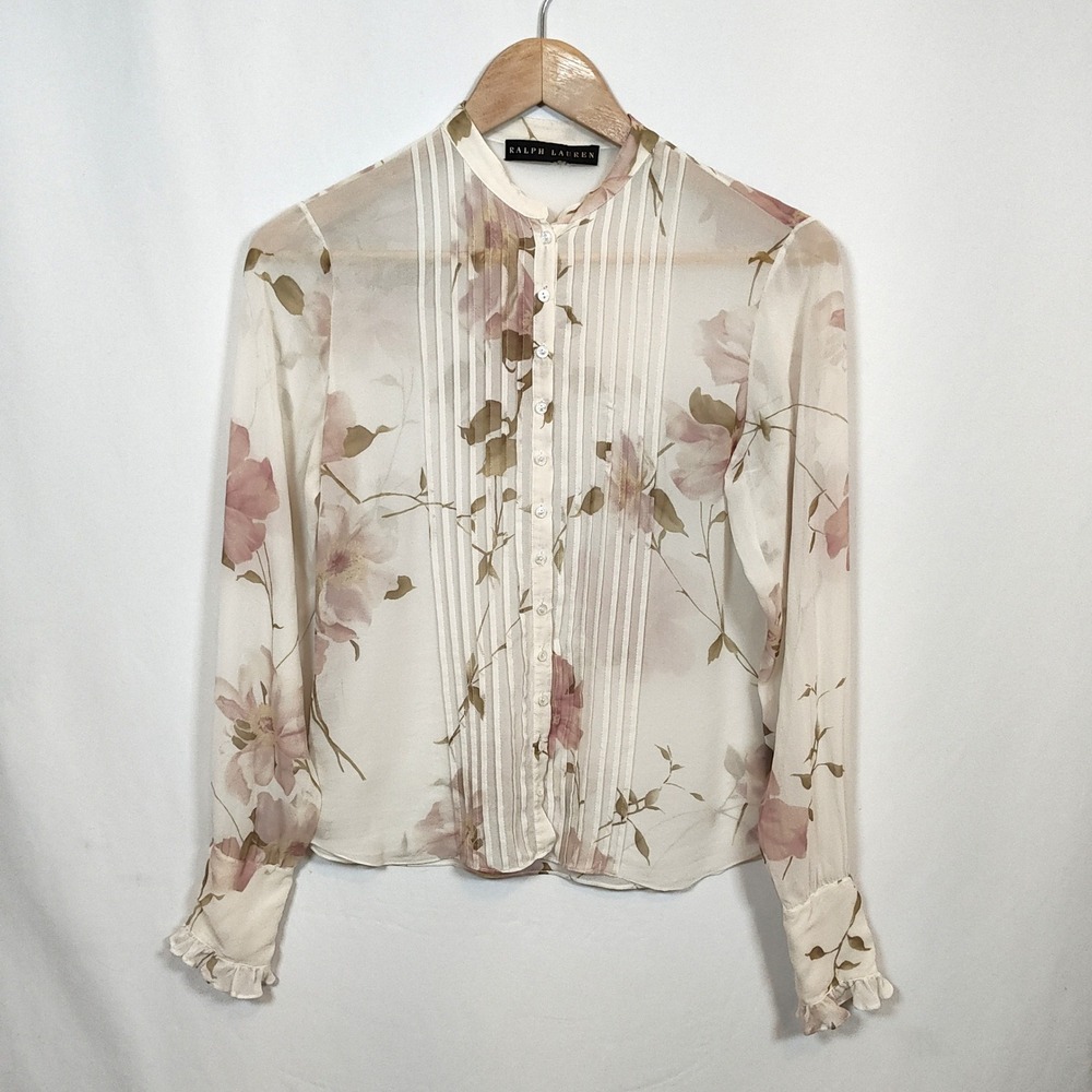 Ralph Lauren Blouse Women's Sheer Floral Cream Pintuck Ruffle Cuff